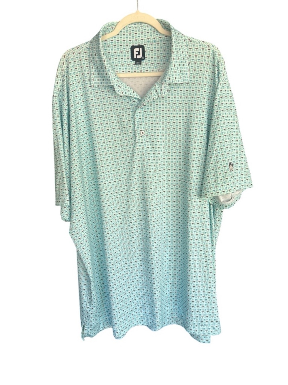 FootJoy Men’s Golf Polo Shirt Aqua Blue Half Moon Geometric Print Performance